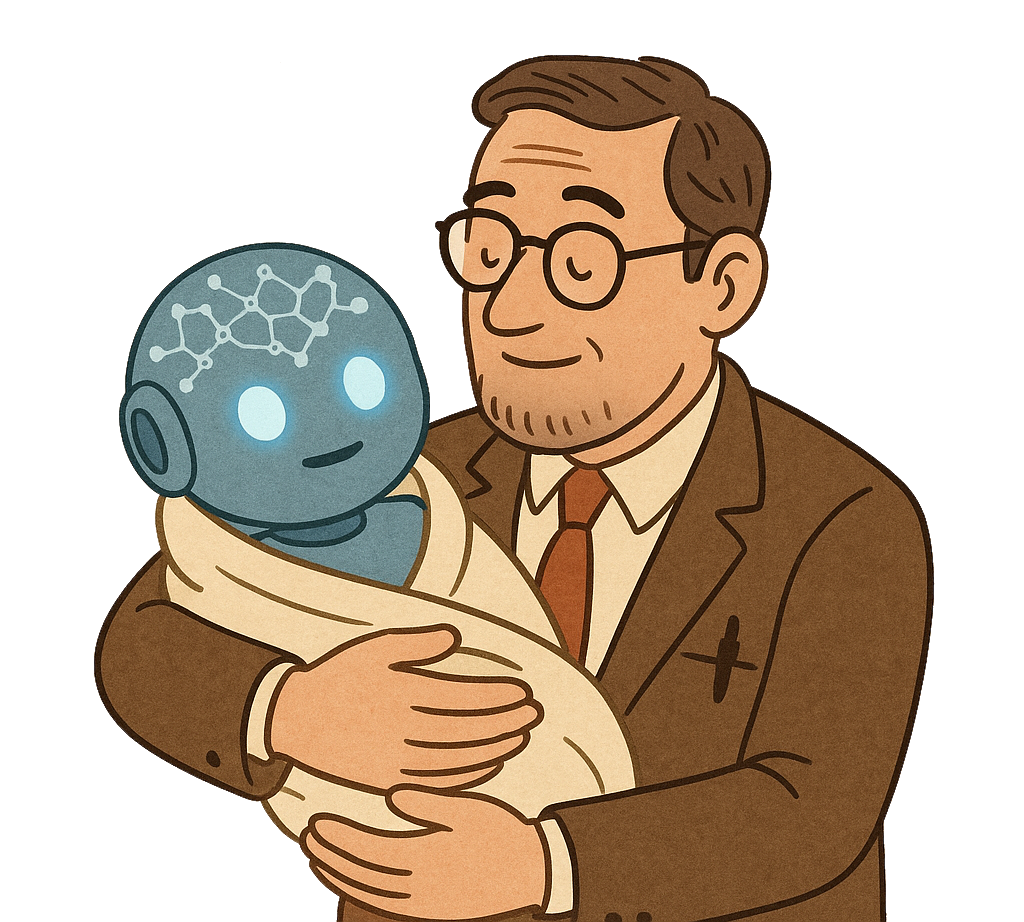 An image generated by ChatGPT depicting its interpretation of the prompt "an academic 'adopting' an AI. The image shows a man with glasses and a brown suit holding a robot the size of a human baby with glowing blue eyes. The robot is swaddled in a blanket. 