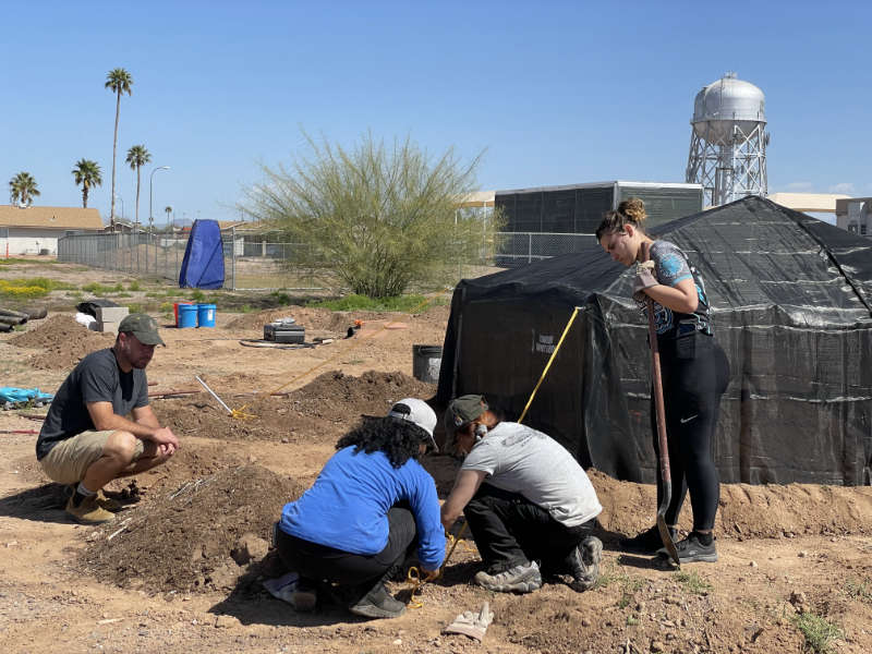 Members of the ASU Polytechnic community work with conservationists from Wild at Heart to install tents for burrowing owls at ASU Polytechnic campus in March 2023