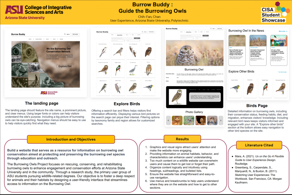 Poster explaining "Burrow Buddy: Guide the Burrowing Owls" 