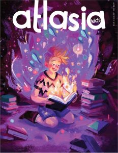 A fictional magazine cover for Atlasia Kids, showing a cartoon child reading a book that is bursting with colour and light