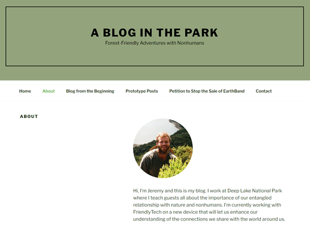 Screenshot of the "About" page for the fictional blog "A blog in the Park", describing the fictional author, Jeremy, who works at Deep Lake National Park