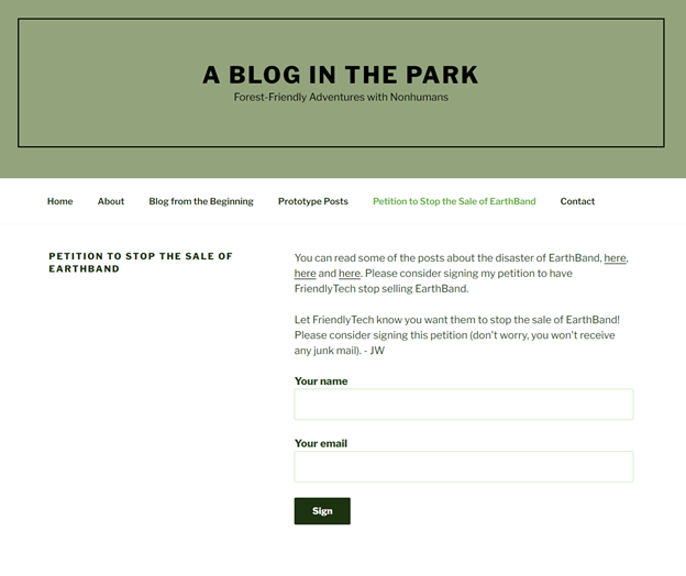 Screenshot of fictional blog "A blog in the Park", on the page asking visitors to sign a petition to stop the sale of Earthband