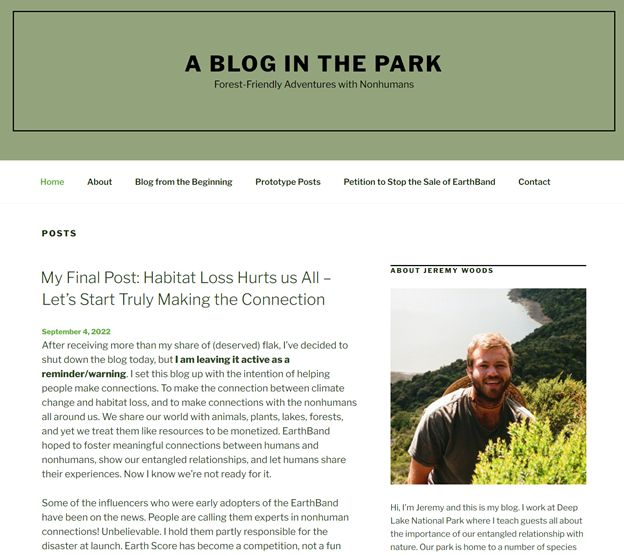 Screenshot of fictional blog "A blog in the Park", on the page titled "My Final Post: Habitat Loss Hurts us All, Let's start truly making the connection"