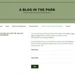 Screenshot of fictional blog "A blog in the Park", on the page asking visitors to sign a petition to stop the sale of Earthband