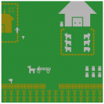 A retro-style digital game depicting a farm with horses, cows, fields, and wagons.