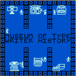 A retro-style digital game showing rooms containing representations of different, obsolete typewriters.