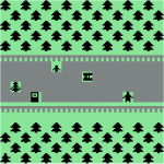 A retro-style digital game depicting figures on a road.