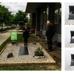 Several images depicting a funeral for digital devices, including a phone resting in a small coffin.