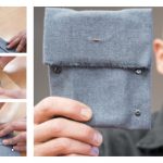 Several images of hands handling a fabric pouch.